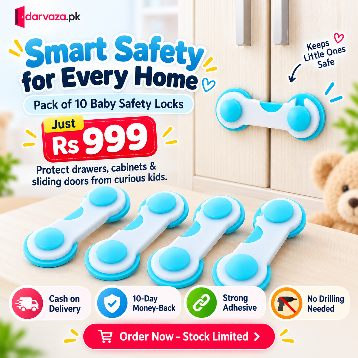 Pack of 10 Baby Safety Locks Child Protection Drawer and Cabinet Locks