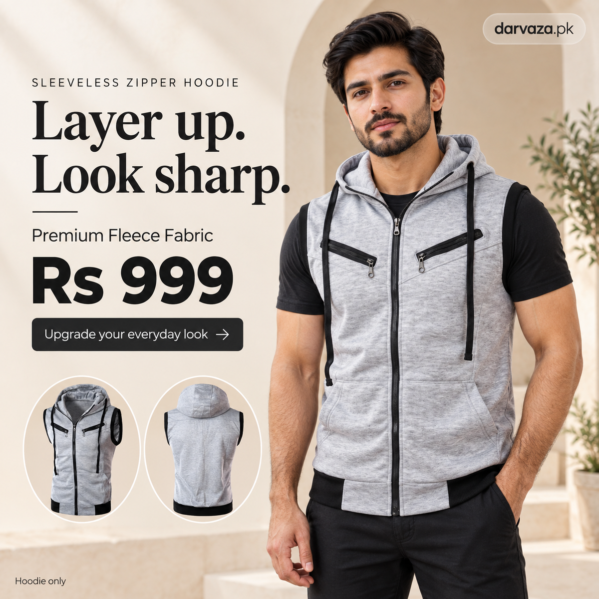 Sleeveless Zipper Hoodie in Gray in Just Rs 999