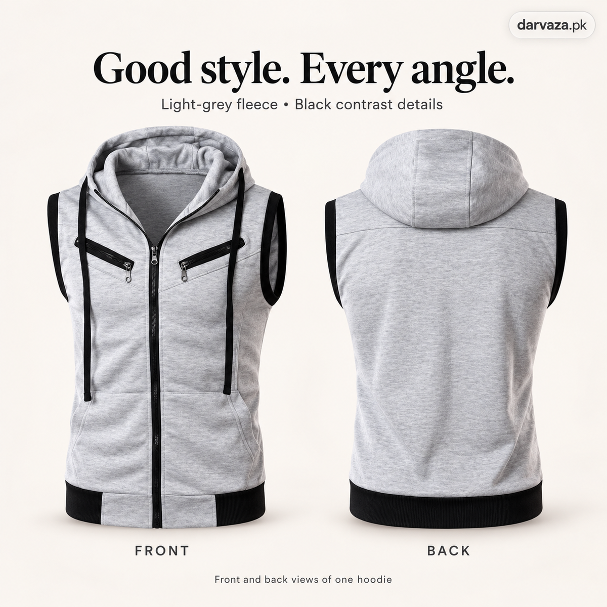 Sleeveless Zipper Hoodie in Gray in Just Rs 999