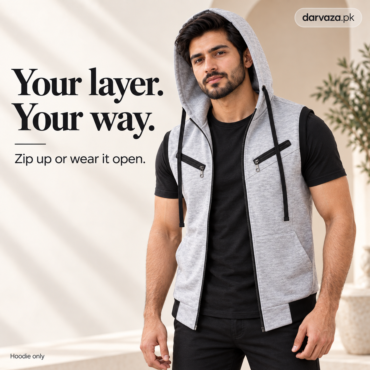 Sleeveless Zipper Hoodie in Gray in Just Rs 999