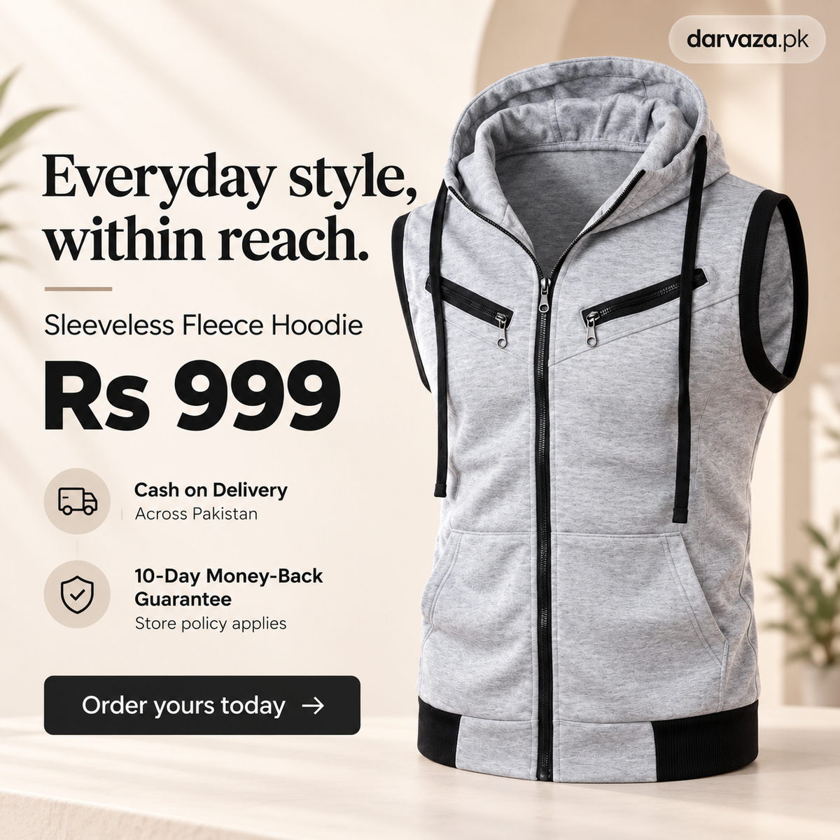 Sleeveless Zipper Hoodie in Gray in Just Rs 999