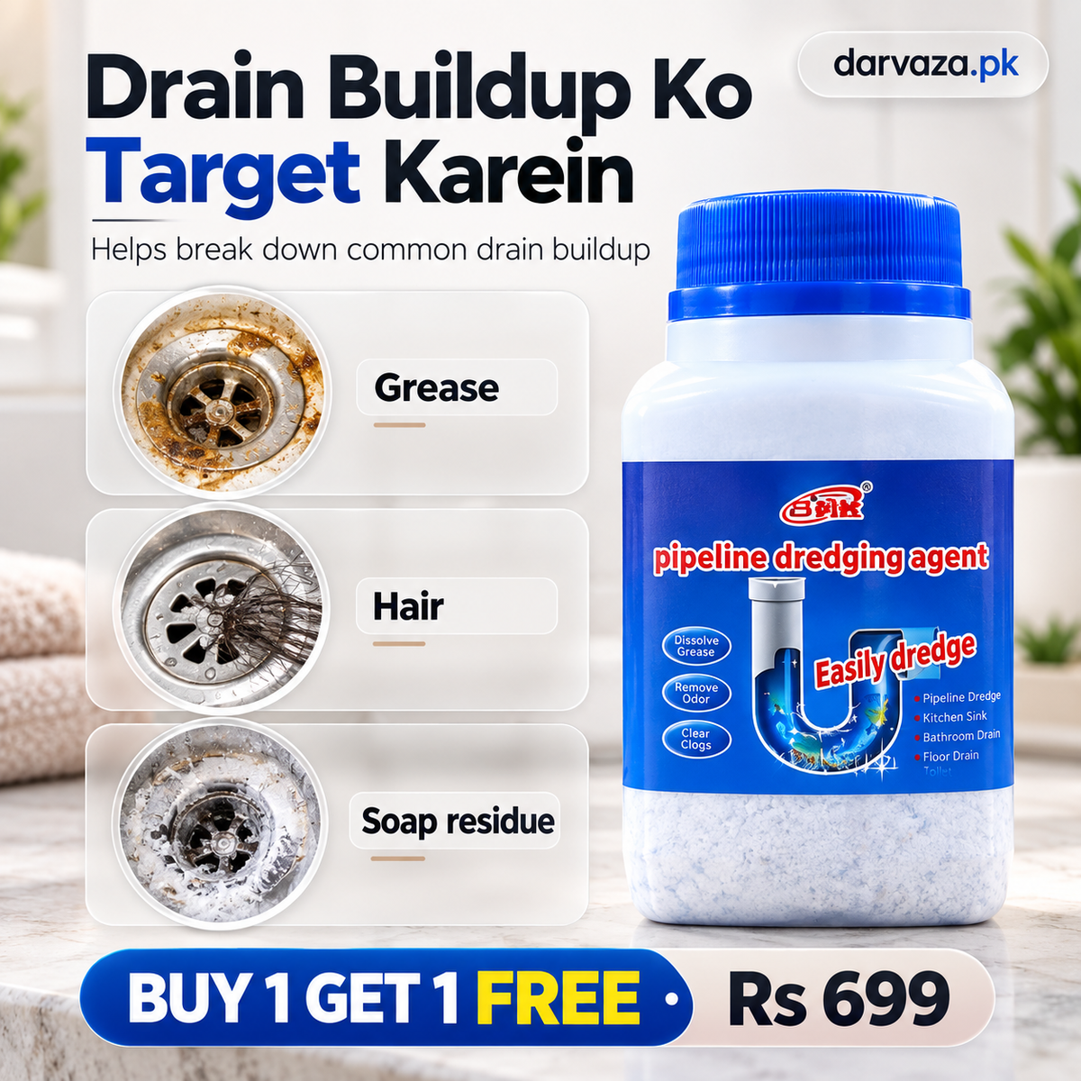 BUY 1 GET 1 FREE Pipeline Drain & Sink Cleaner with Premium Deep Cleaning Powder Formula