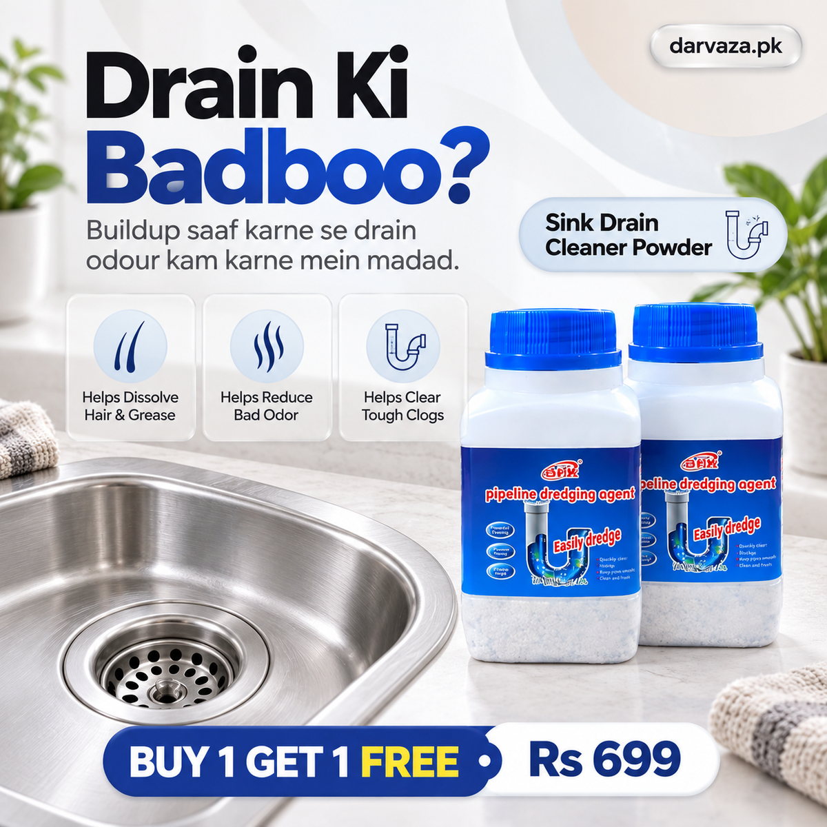 BUY 1 GET 1 FREE Pipeline Drain & Sink Cleaner with Premium Deep Cleaning Powder Formula