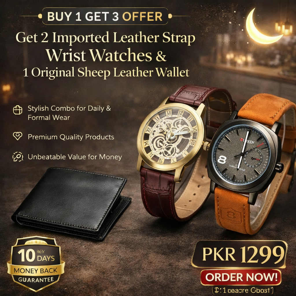 Buy 1 Get 2 Free Deal 2 Imported Leather Strap Wrist Watches & Original Leather Wallets For Men
