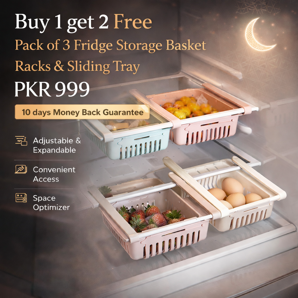 Buy 1 get 2 Free Offer Adjustable Fridge Storage Basket Racks & Sliding Tray Pack of 3 Sets