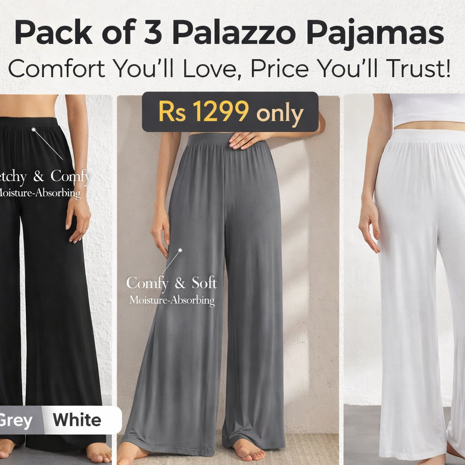 Pack of 3 Palazzo Pajamas Black White and Grey