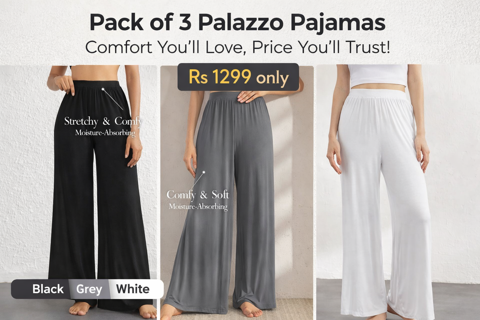 Pack of 3 Palazzo Pajamas Black White and Grey