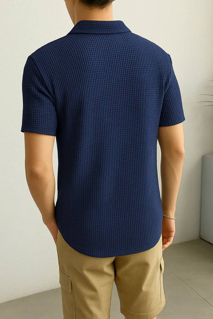 Waffle Knitted Zipper Polo – NAVY BLUE