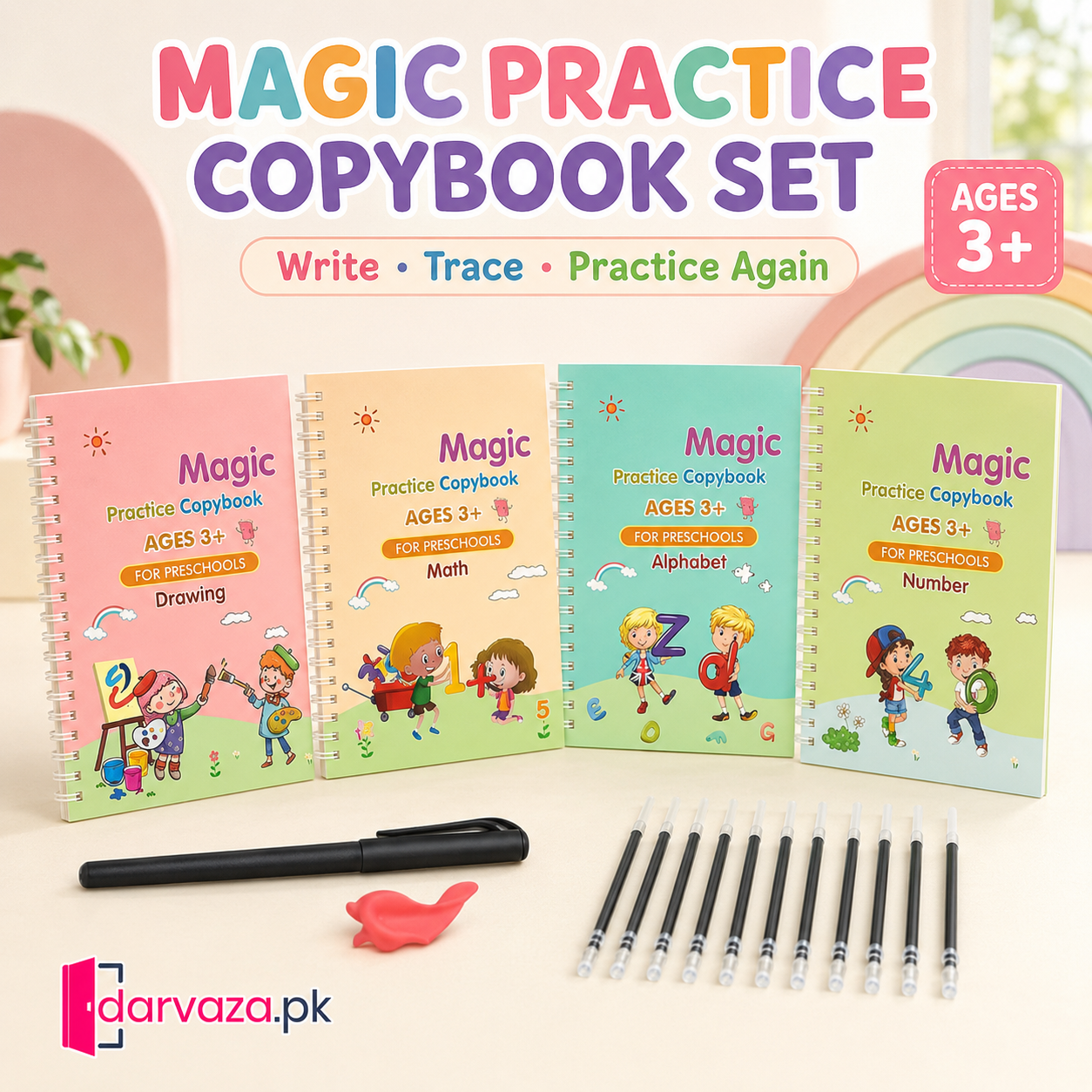 Kids Reusable Practice Book (4 Books + 1 Pen + 1 Grip & 10 Refills) Rs 999