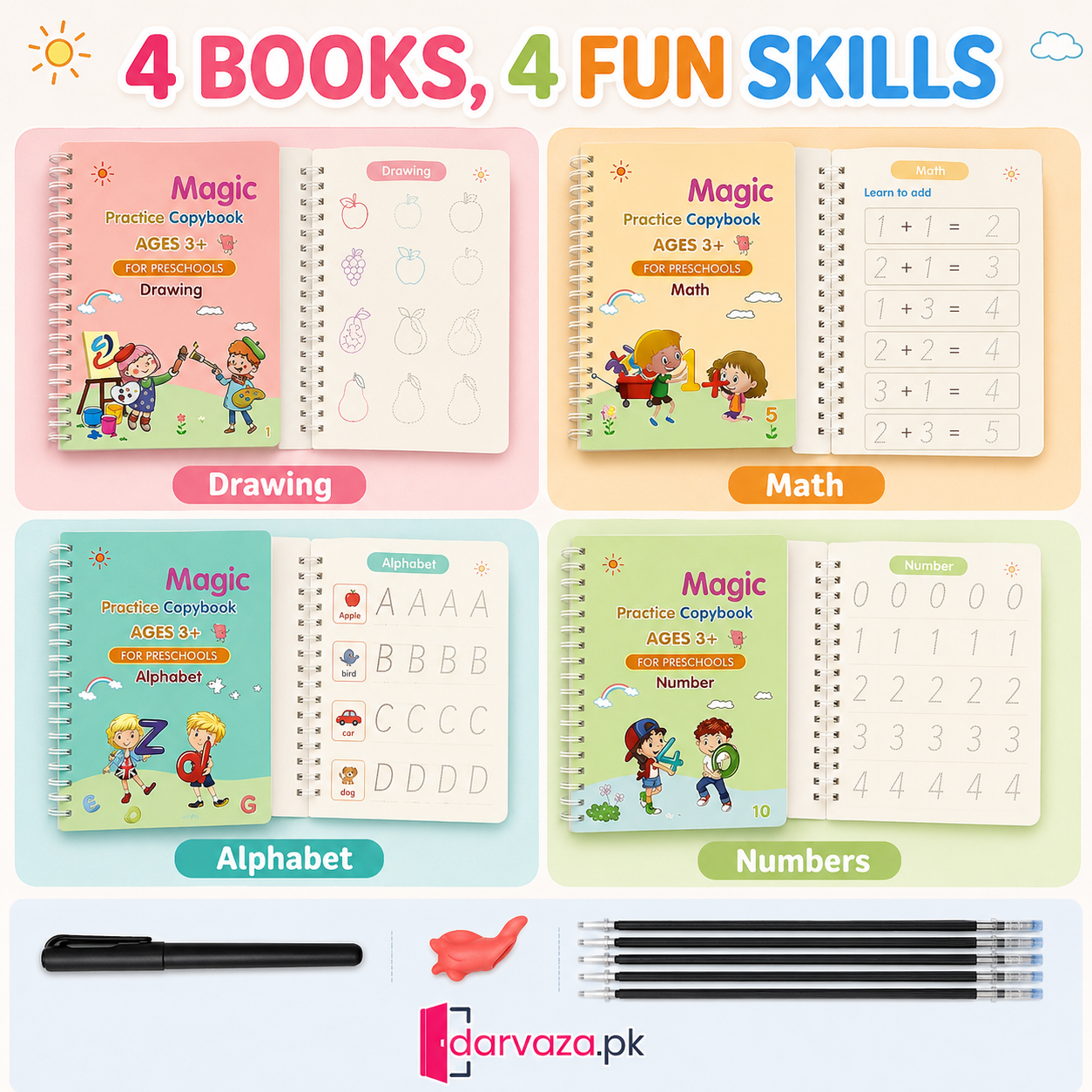Kids Reusable Practice Book (4 Books + 1 Pen + 1 Grip & 10 Refills) Rs 999