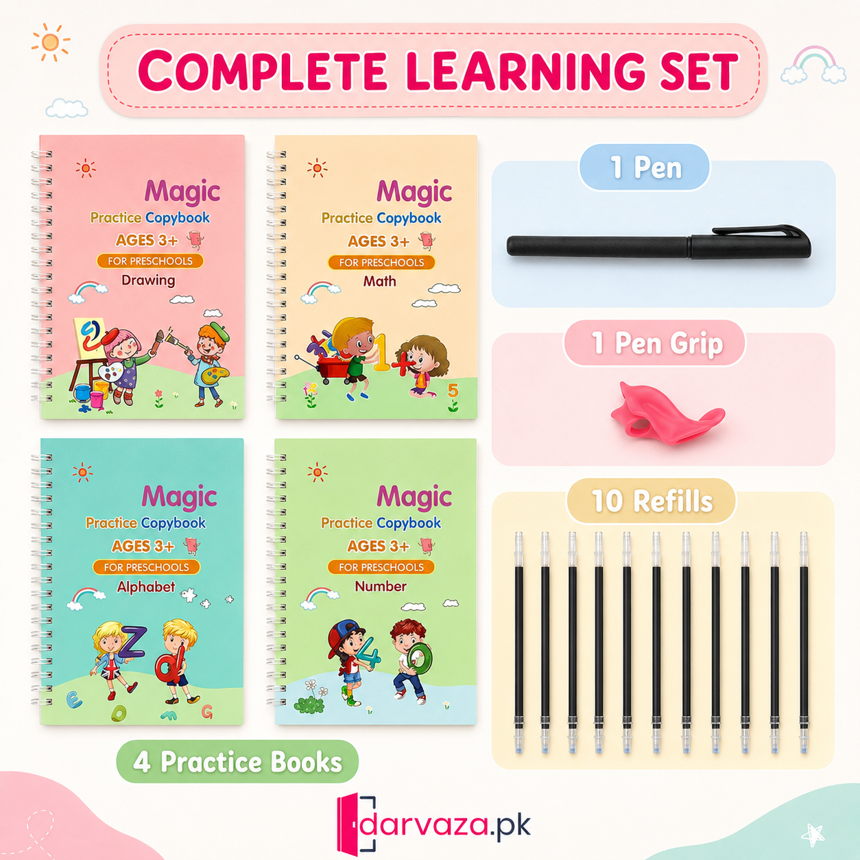 Kids Reusable Practice Book (4 Books + 1 Pen + 1 Grip & 10 Refills) Rs 999