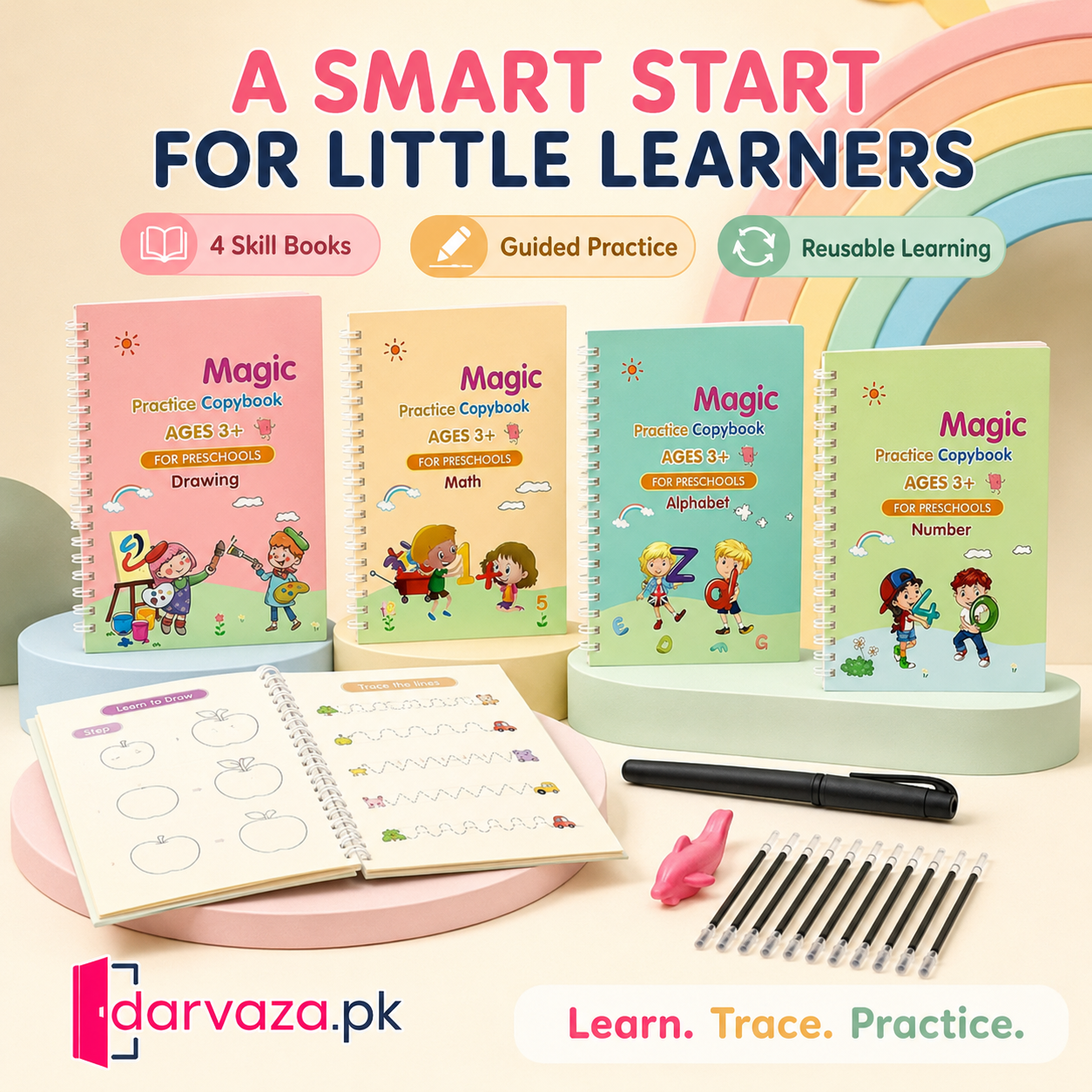 Kids Reusable Practice Book (4 Books + 1 Pen + 1 Grip & 10 Refills) Rs 999