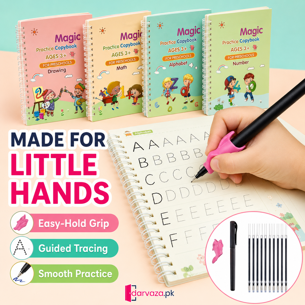 Kids Reusable Practice Book (4 Books + 1 Pen + 1 Grip & 10 Refills) Rs 999