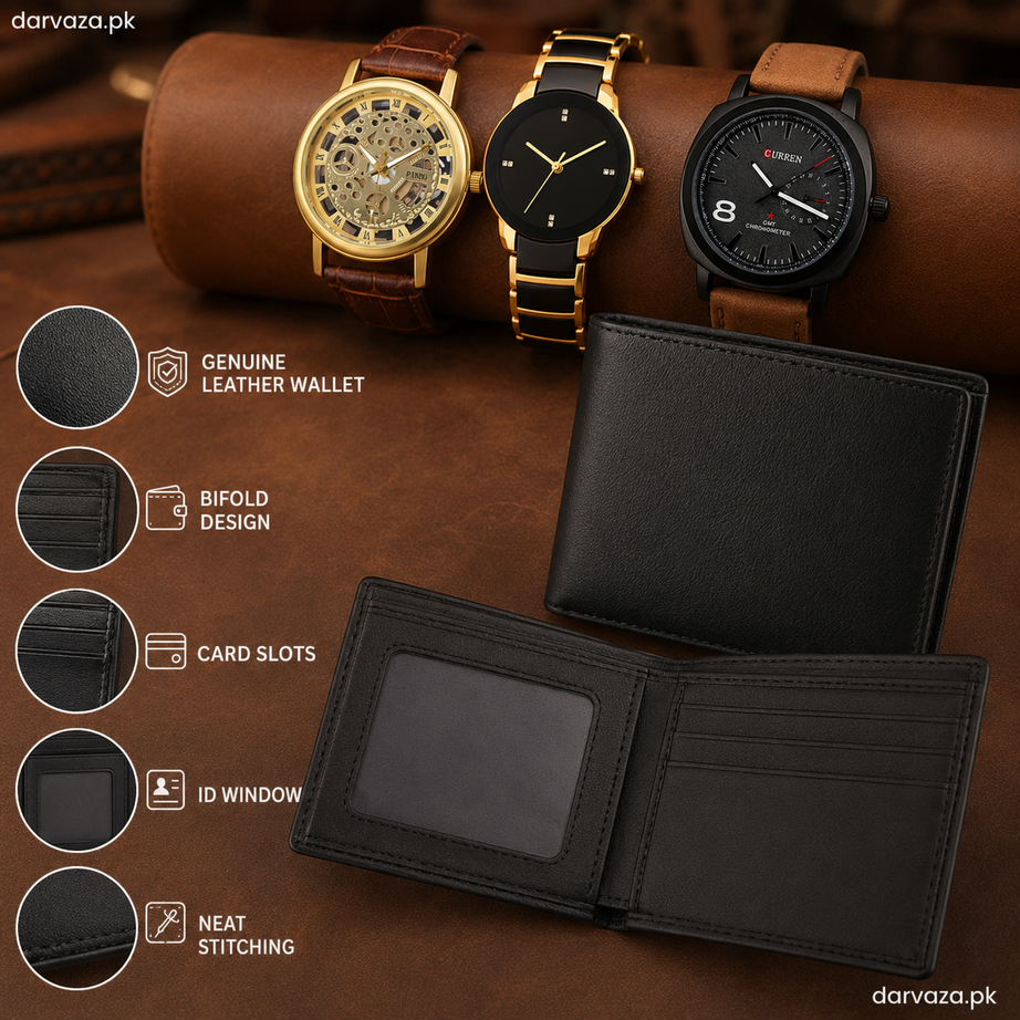 Buy 1 Get 3 Free Offer 3 Wrist Watches & 1 Leather Wallet