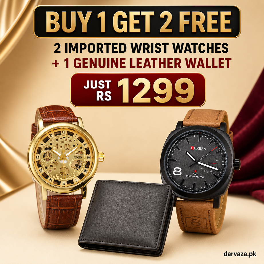 Buy 1 Get 2 Free Deal 2 Imported Leather Strap Wrist Watches & Original Leather Wallets For Men