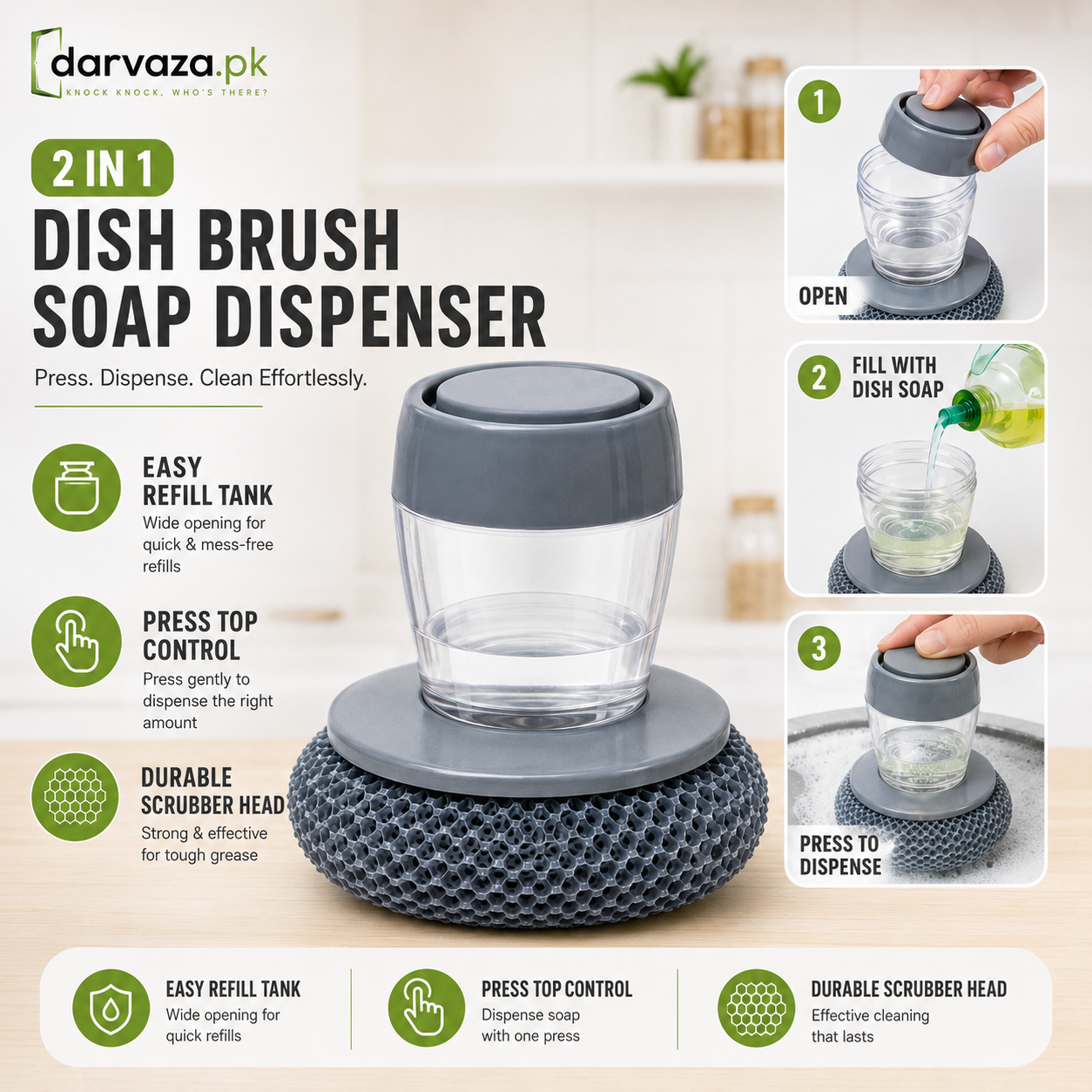 Buy 1 Get 1 Free Offer 2 Pcs Kitchen Cleaning Dish Brush Scrubber with Soap Dispenser