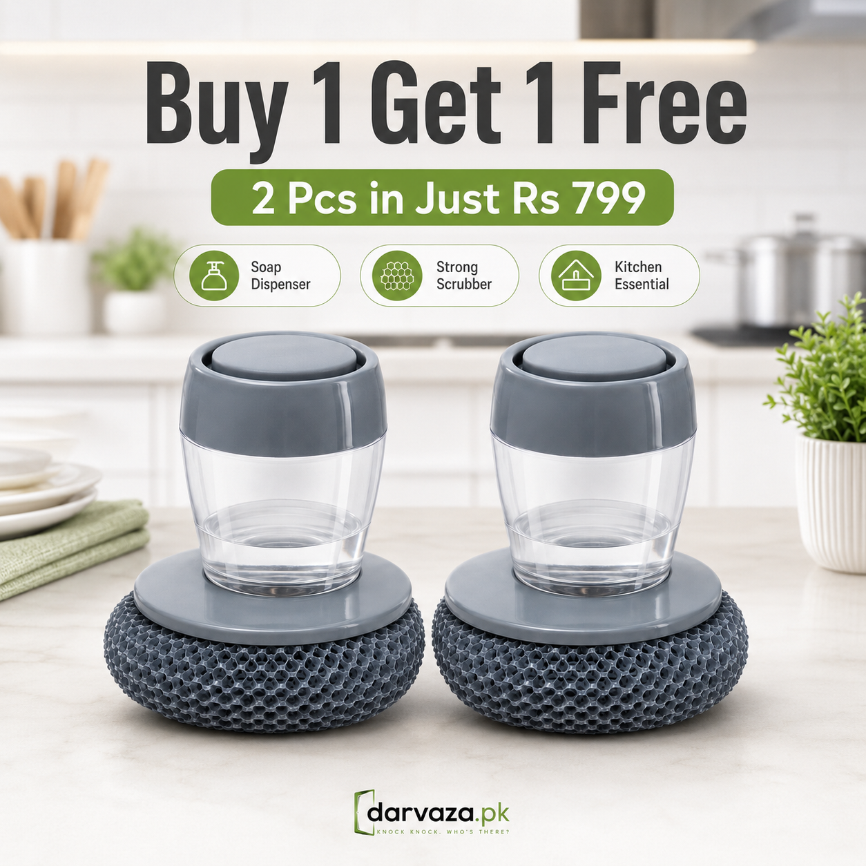 Buy 1 Get 1 Free Offer 2 Pcs Kitchen Cleaning Dish Brush Scrubber with Soap Dispenser