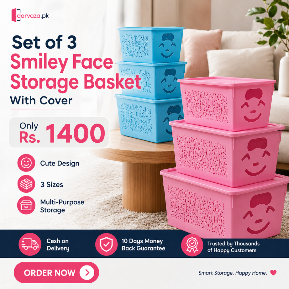 Set of 3 Smiley Face Storage Basket With Cover