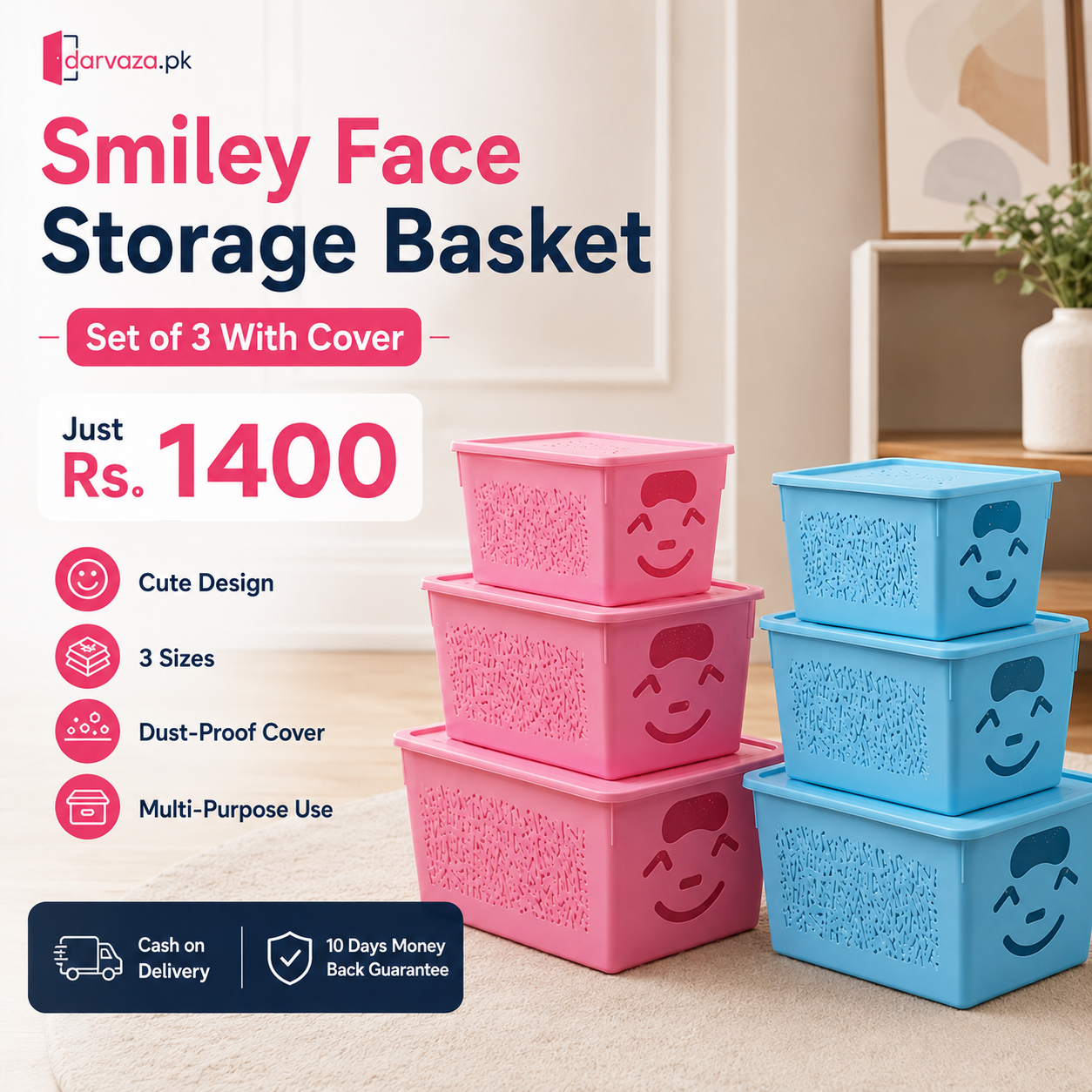 Set of 3 Smiley Face Storage Basket With Cover