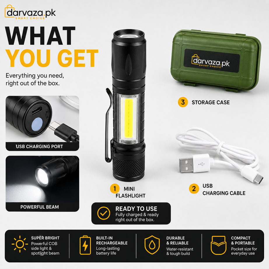 Mini Zoomable Rechargeable LED Torch light with Green Case