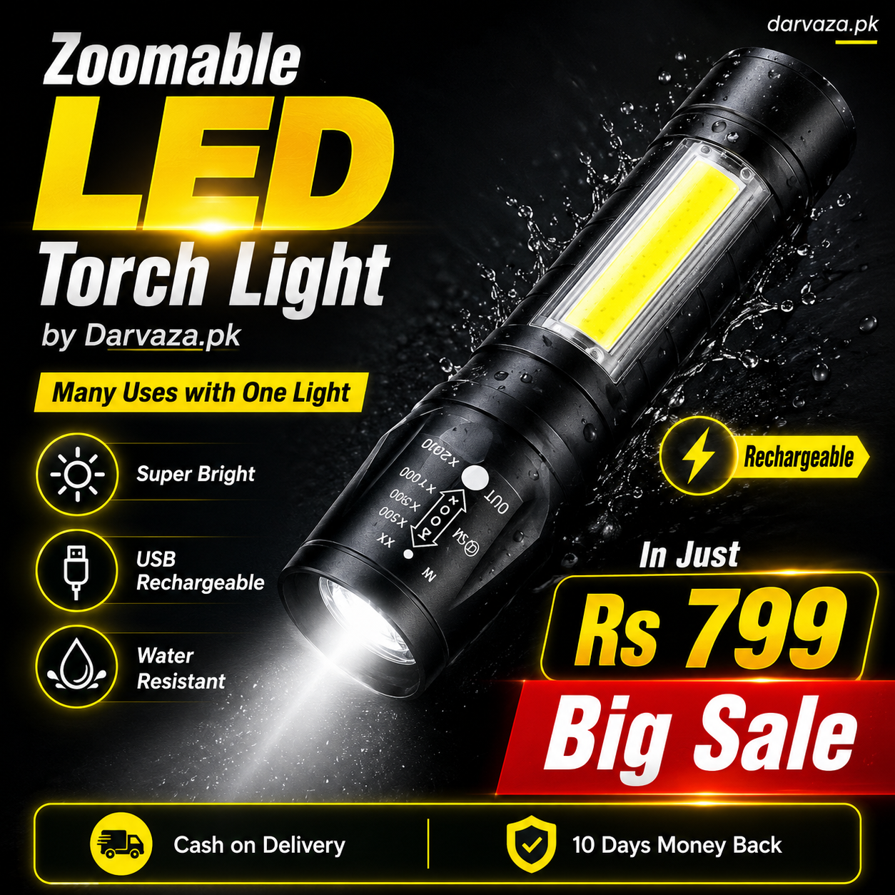 Mini Zoomable Rechargeable LED Torch light with Green Case