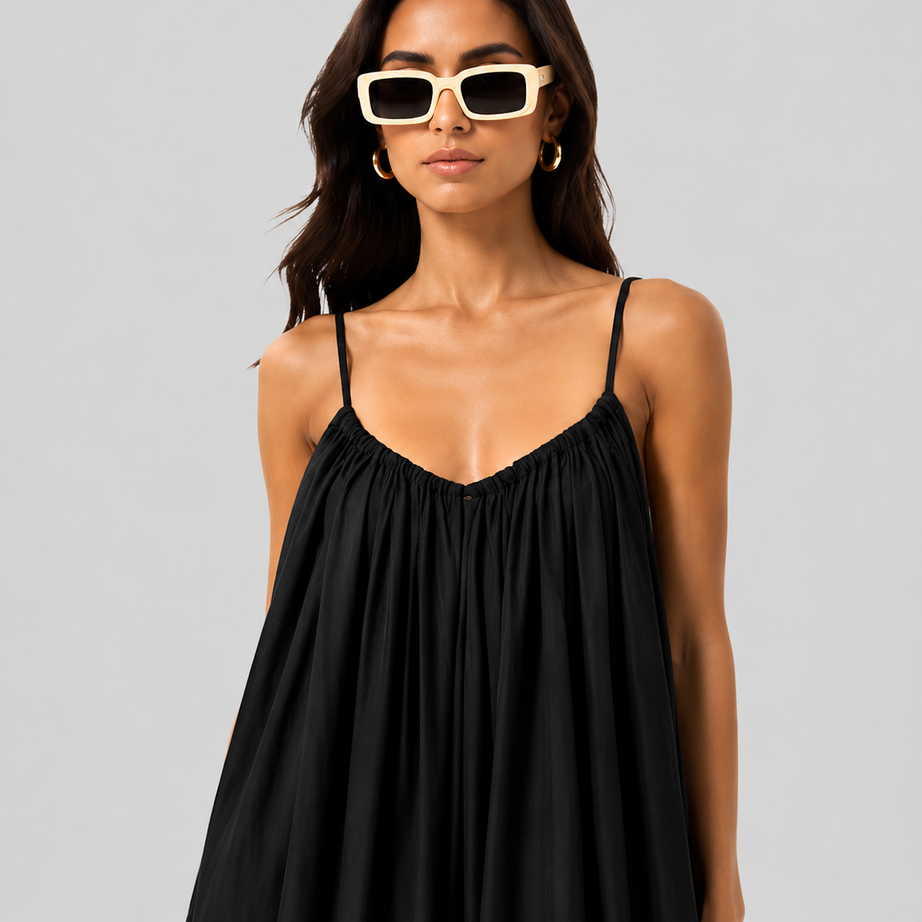 Black Backless Cami Gathered Maxi Dress with Back Flow
