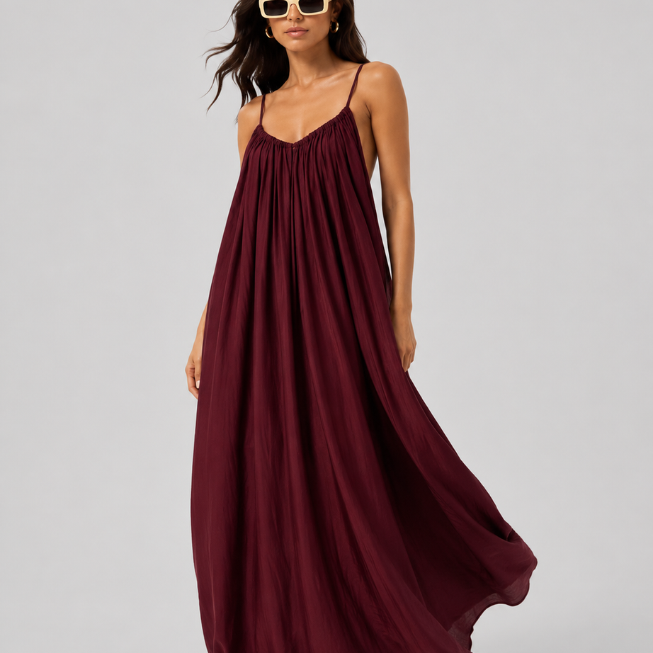 Maroon Backless Cami Gathered Maxi Dress with Back Flow