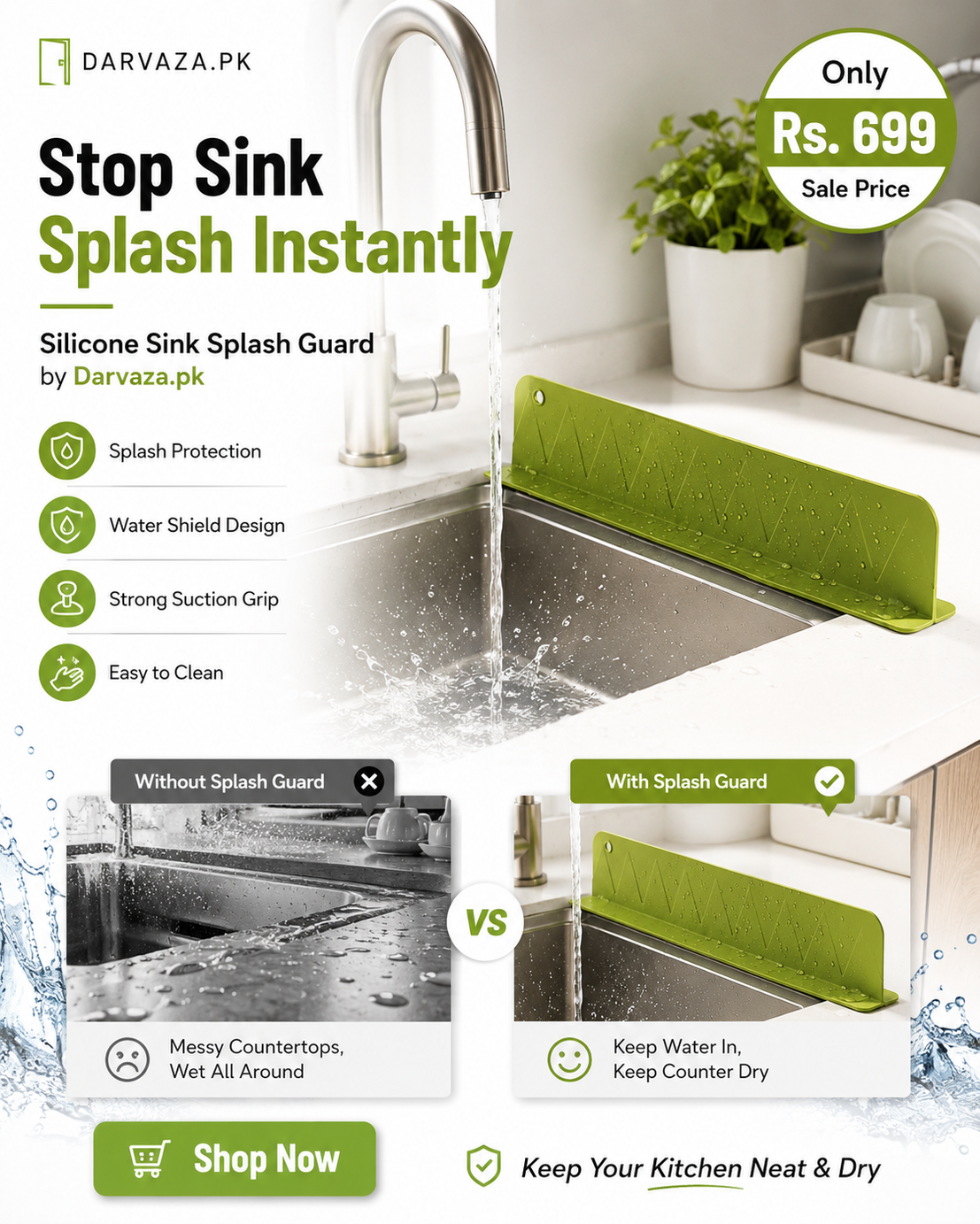 Silicone Sink Splash Guard and Water Sheild with Suction