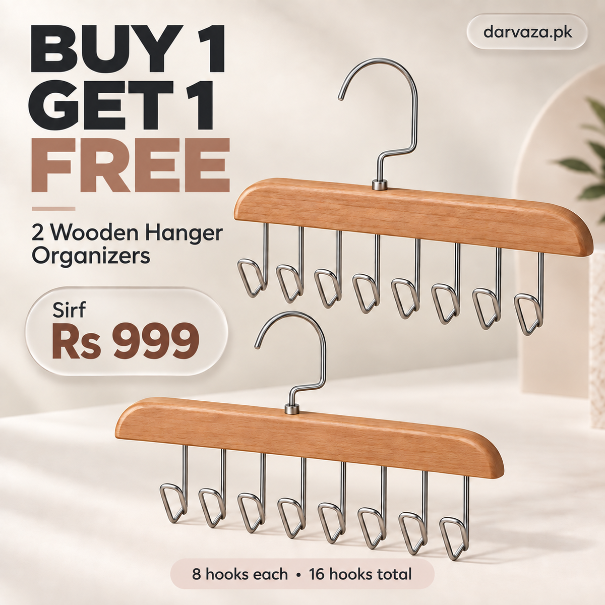 Buy 1 Get 1 Free Offer 2 Storage Wood Hanger 8 Hooks Organizer