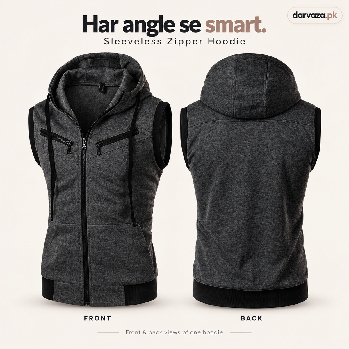 Sleeveless Zipper Hoodie in Charcoal in Just Rs 999