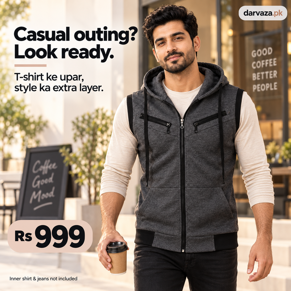 Sleeveless Zipper Hoodie in Charcoal in Just Rs 999