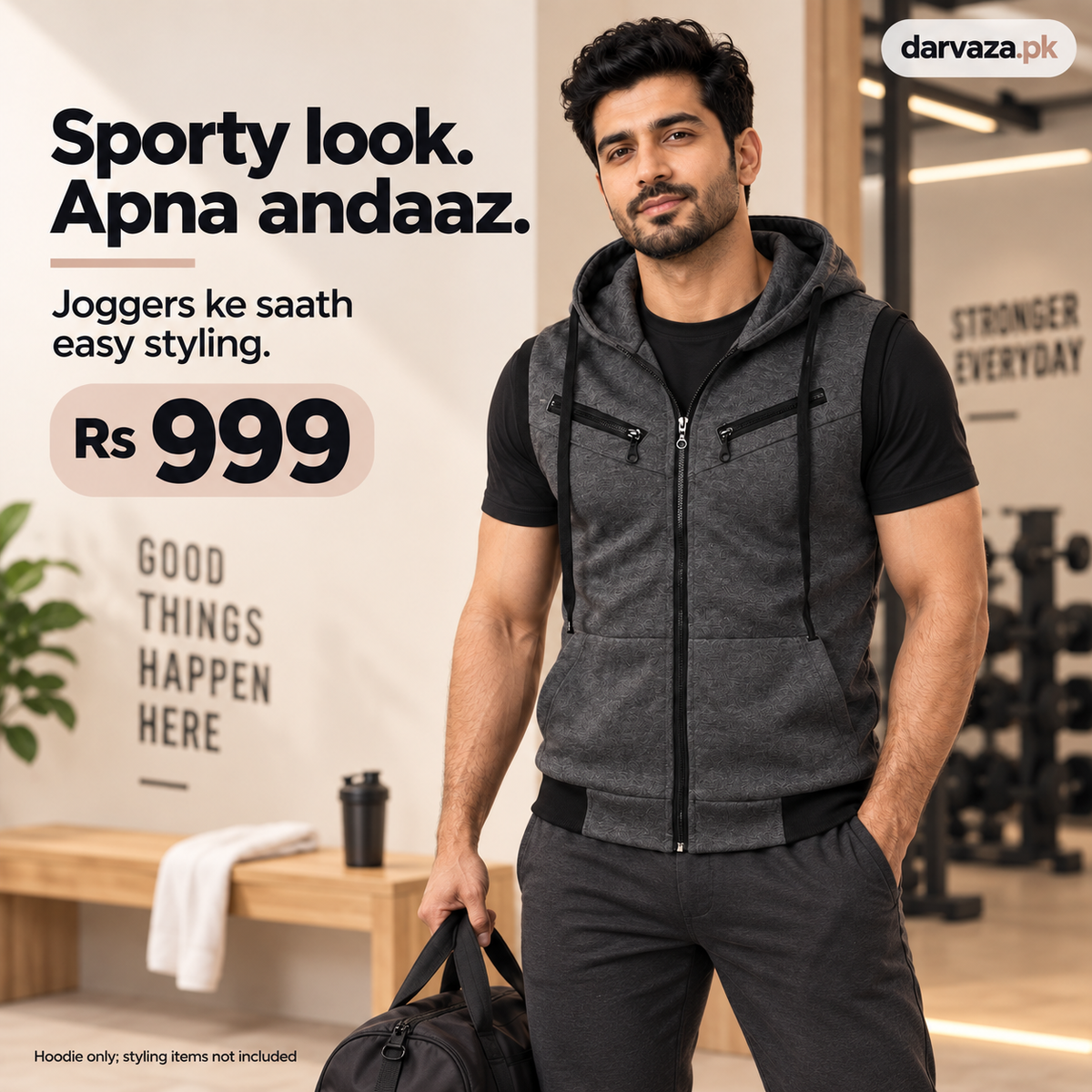 Sleeveless Zipper Hoodie in Charcoal in Just Rs 999