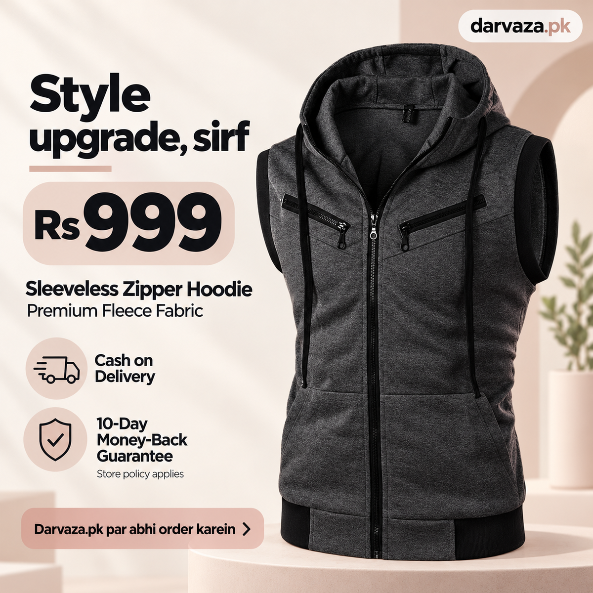 Sleeveless Zipper Hoodie in Charcoal in Just Rs 999