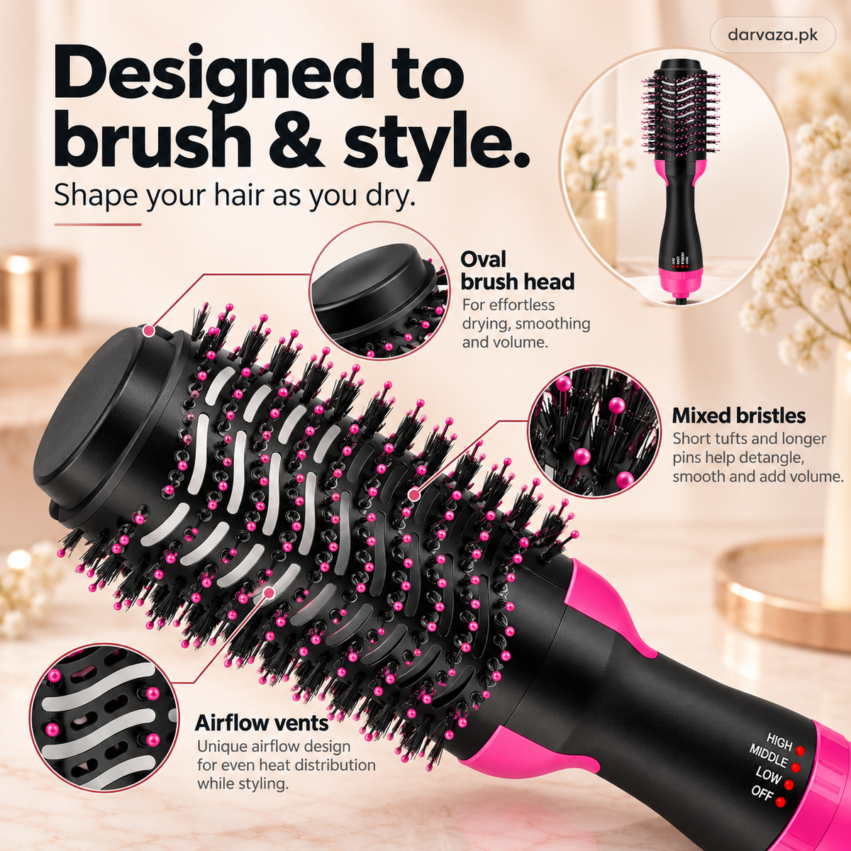 3-in-1 One Step Hot Air Straightener Brush & Hair Dryer