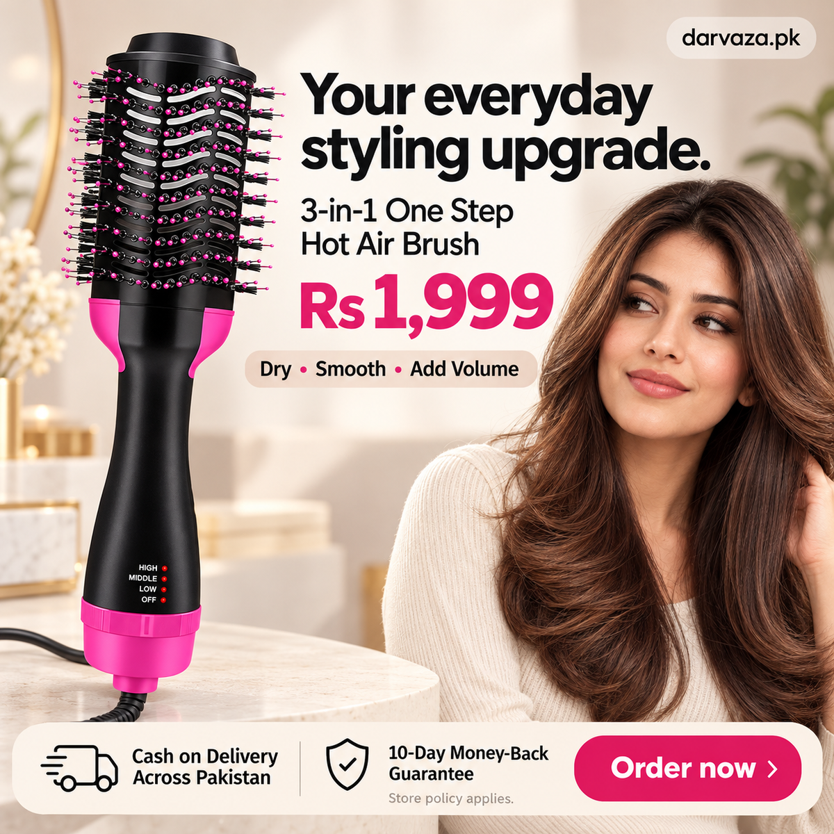 3-in-1 One Step Hot Air Straightener Brush & Hair Dryer
