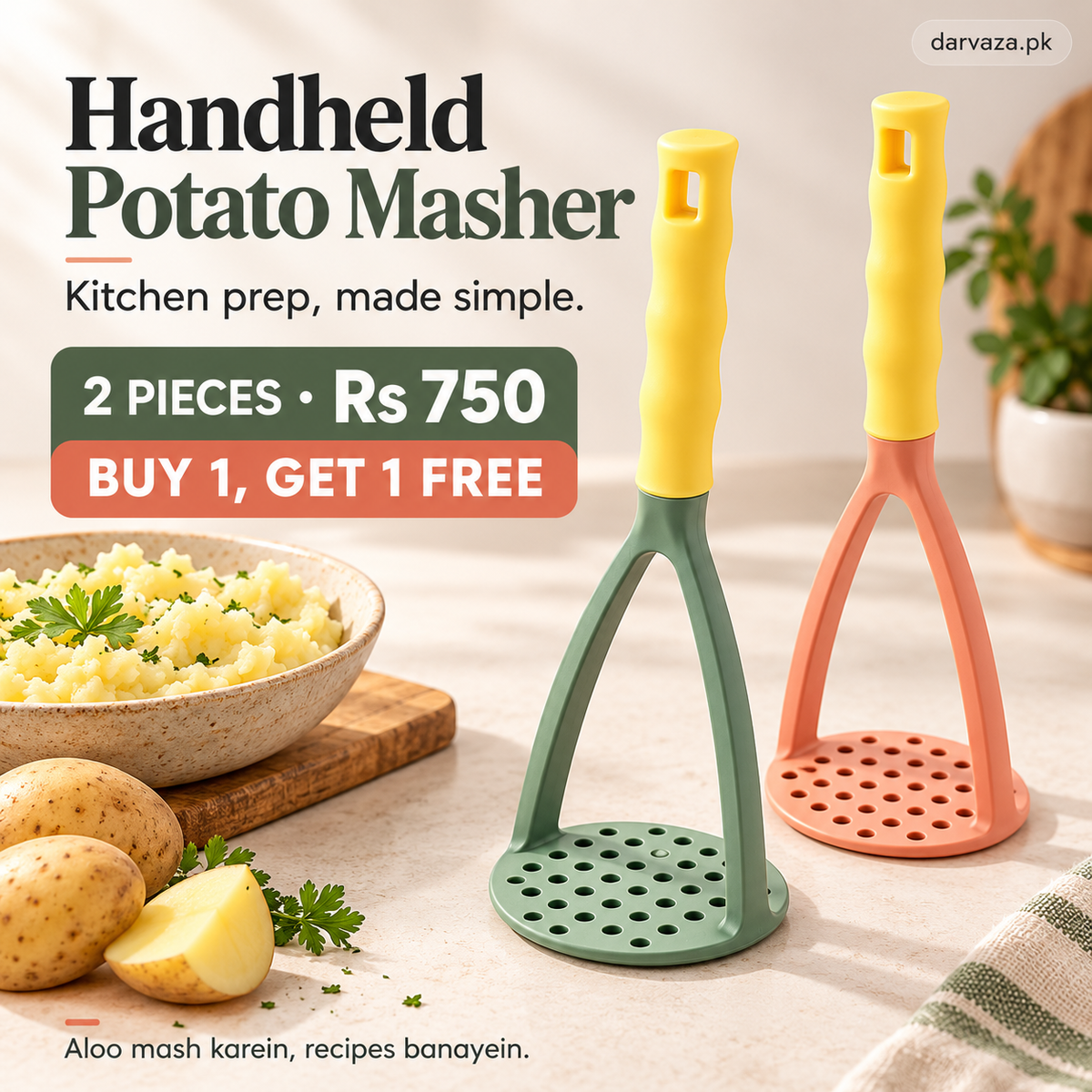 2 Hand Held Potato Masher With Handle
