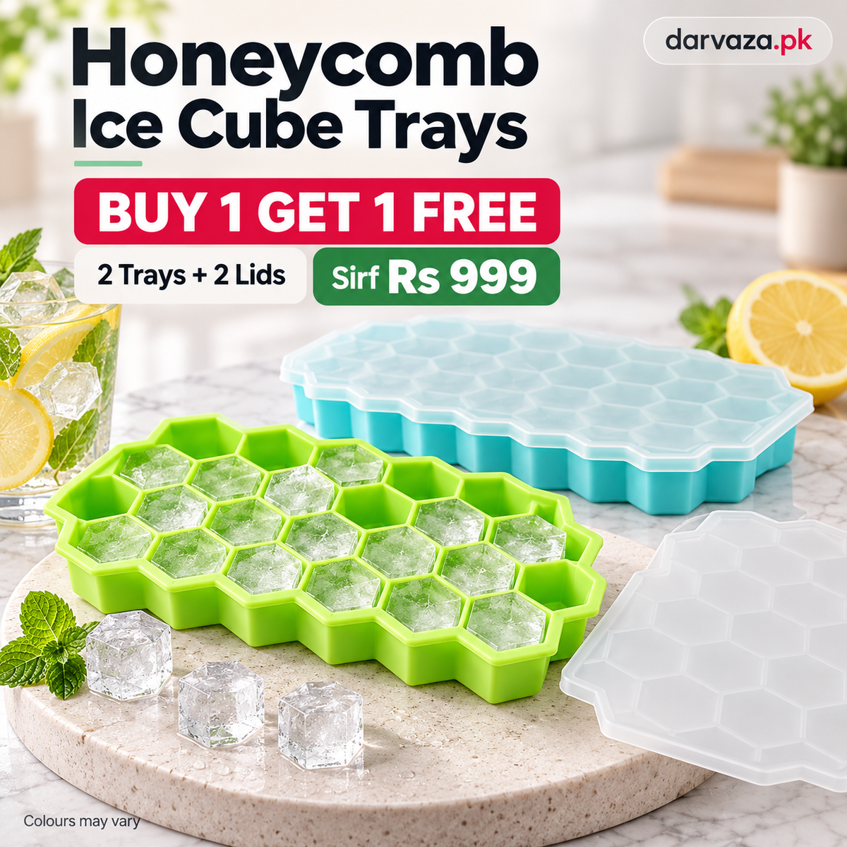 2Pcs Reusable Silicone 37 Cavity Honeycomb Ice Cube Trays Mold BPA Free Ice Maker with Removable Lids