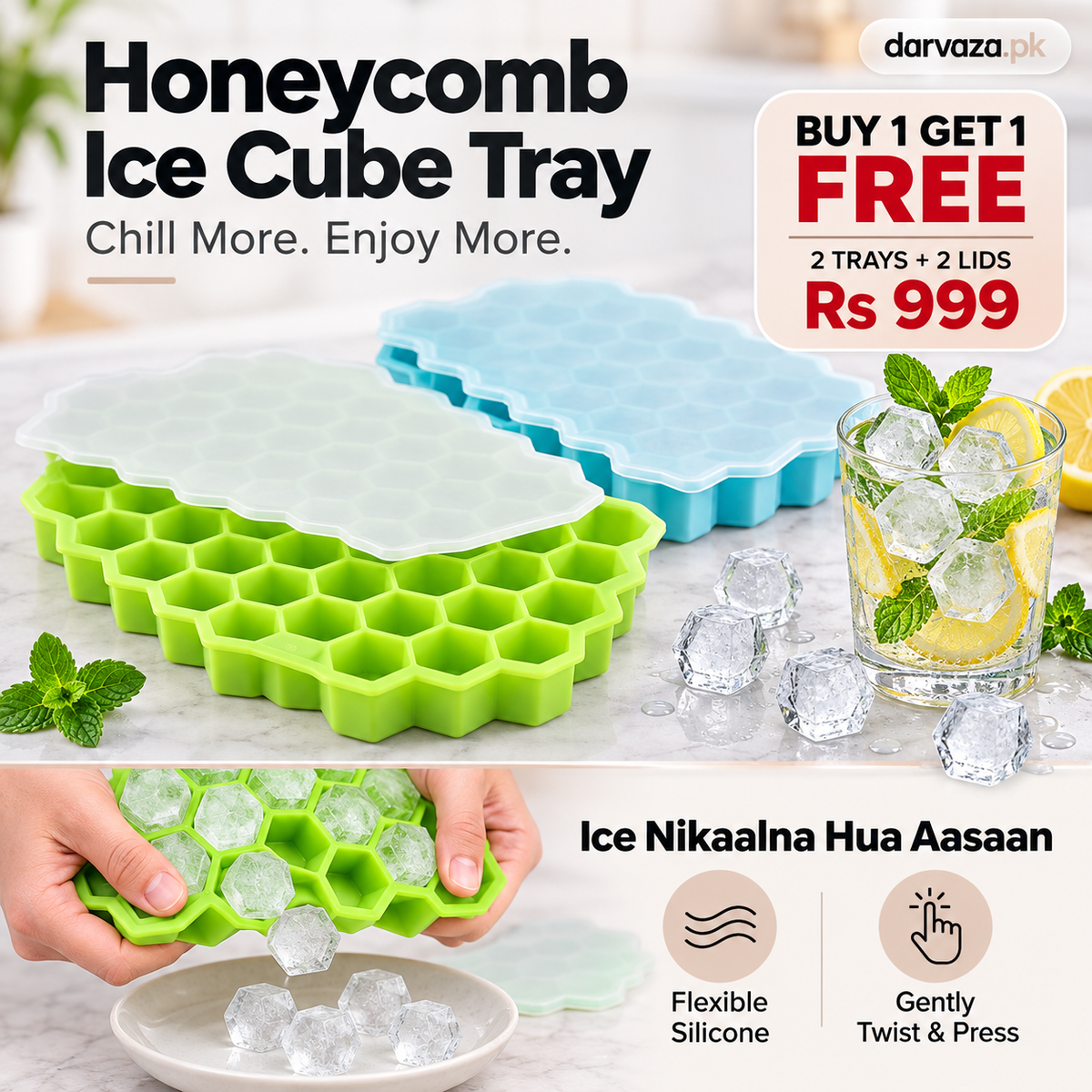 2Pcs Reusable Silicone 37 Cavity Honeycomb Ice Cube Trays Mold BPA Free Ice Maker with Removable Lids