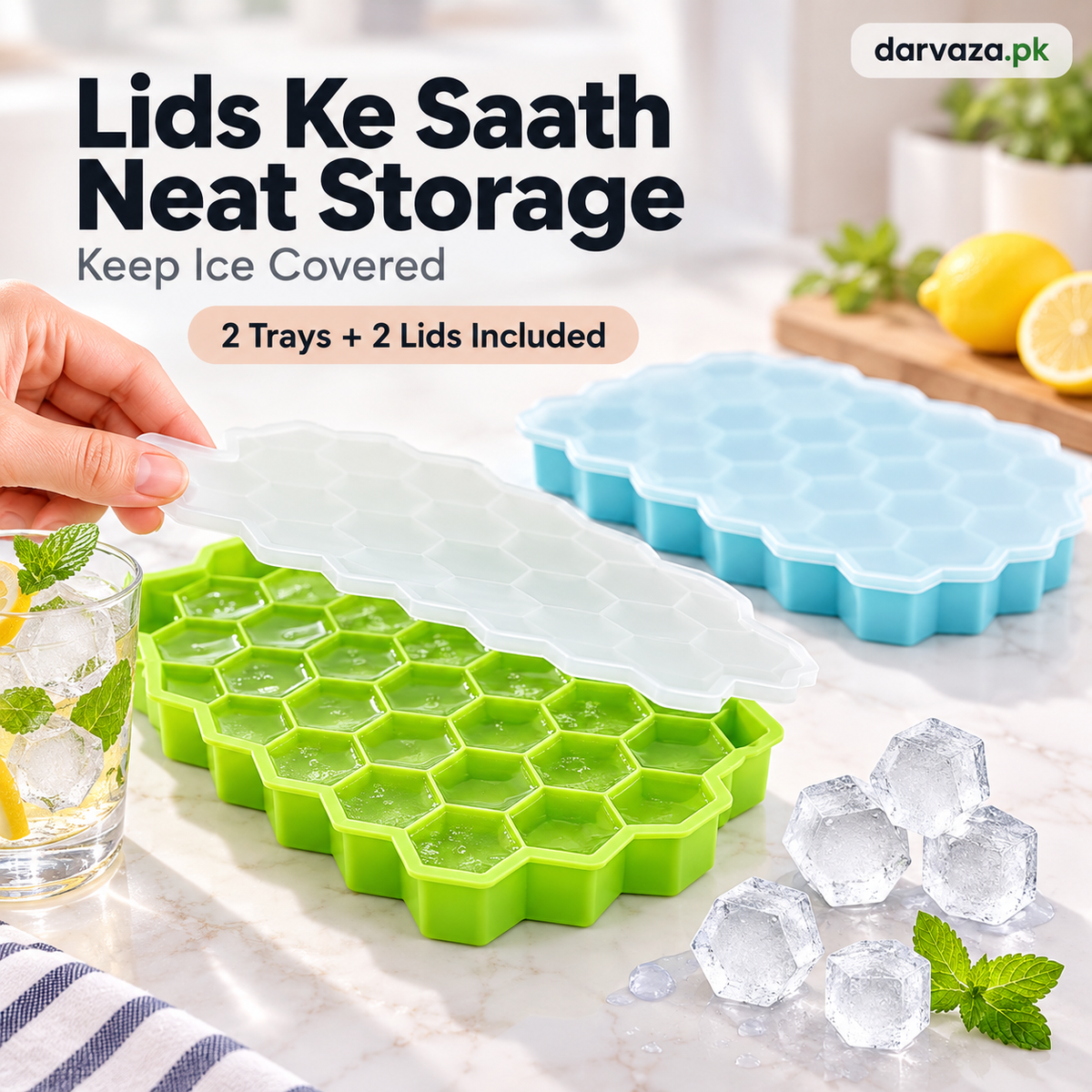 2Pcs Reusable Silicone 37 Cavity Honeycomb Ice Cube Trays Mold BPA Free Ice Maker with Removable Lids