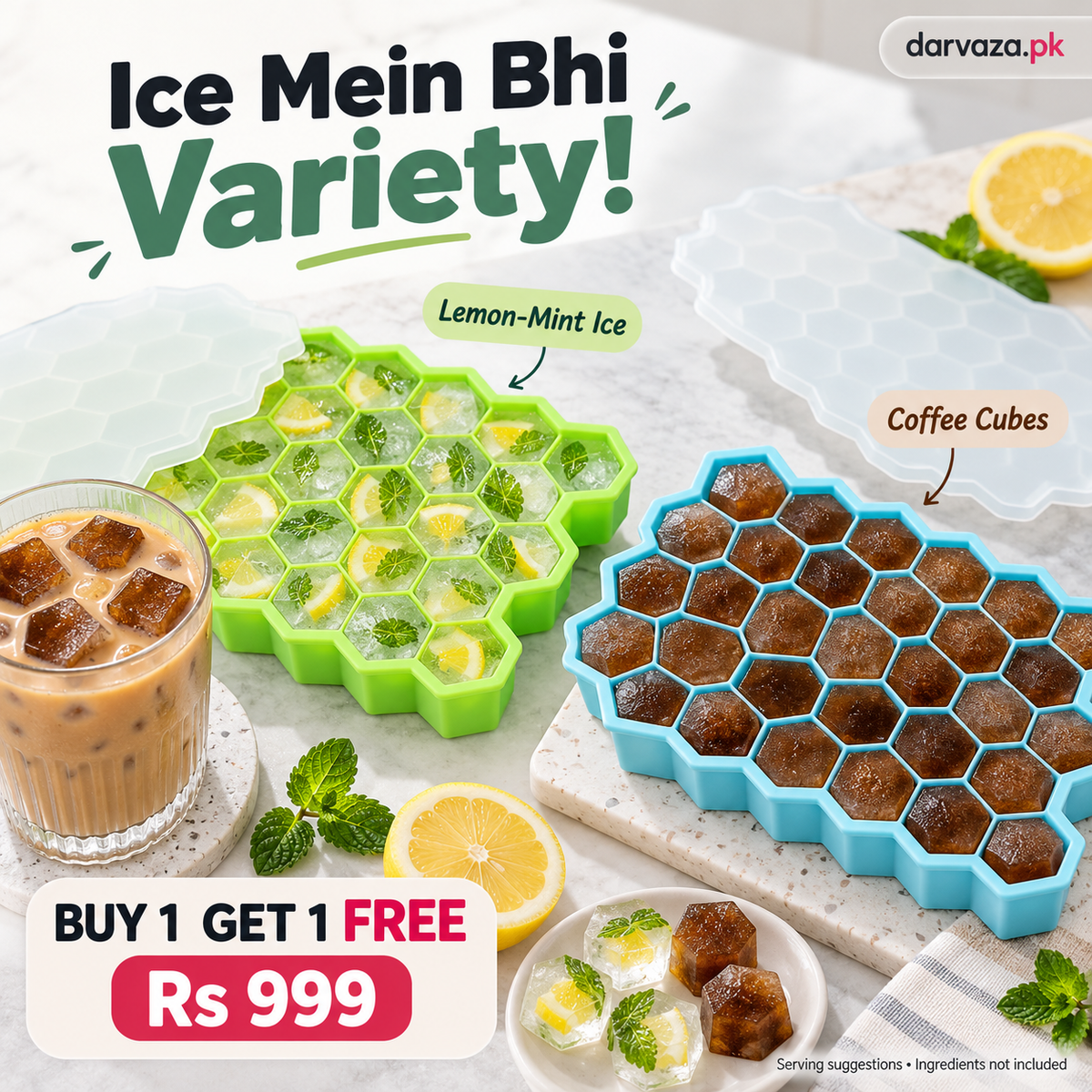 2Pcs Reusable Silicone 37 Cavity Honeycomb Ice Cube Trays Mold BPA Free Ice Maker with Removable Lids