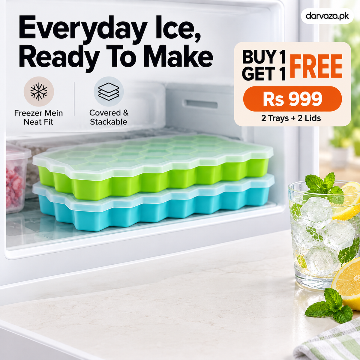 2Pcs Reusable Silicone 37 Cavity Honeycomb Ice Cube Trays Mold BPA Free Ice Maker with Removable Lids