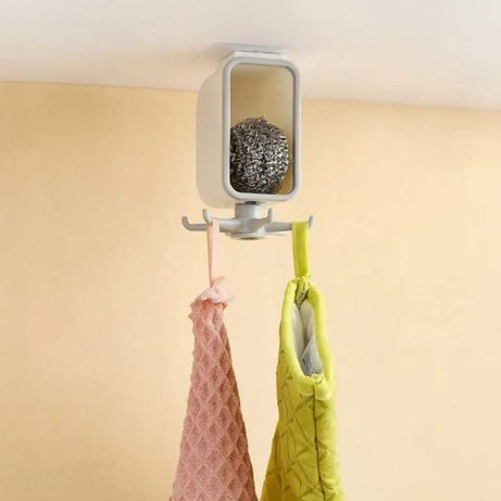 360 Degree Rotating Wall Mounted Self Adhesive Hanging Hook with Storage Box Organizer Holder For Kitchen Use