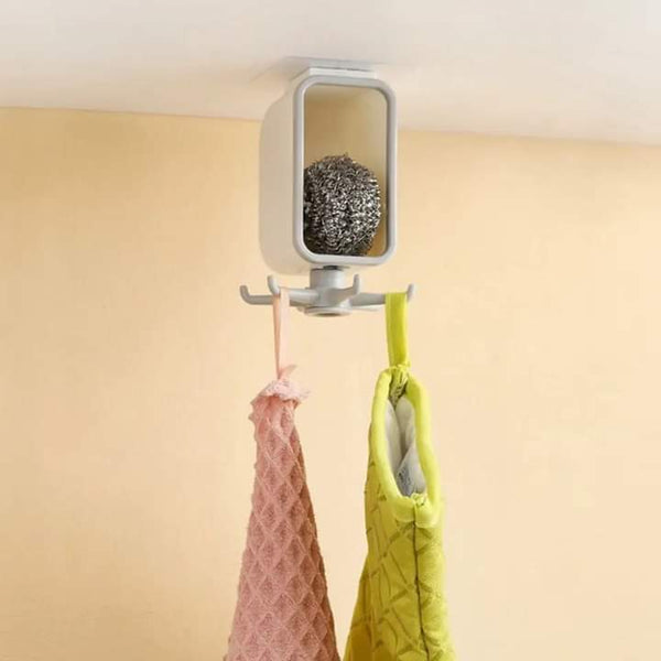 360 Degree Rotating Wall Mounted Self Adhesive Hanging Hook with Storage Box Organizer Holder For Kitchen Use