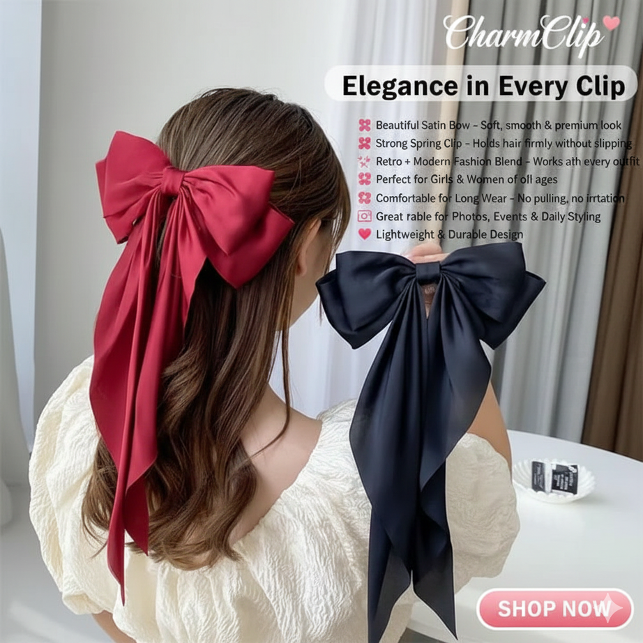 Pack of 2 Elegant Bow Ribbon Hair Clip Fashion Simple Solid Satin Spring Clip Hair Pin Retro Headband with Clips Girls Hair Accessories