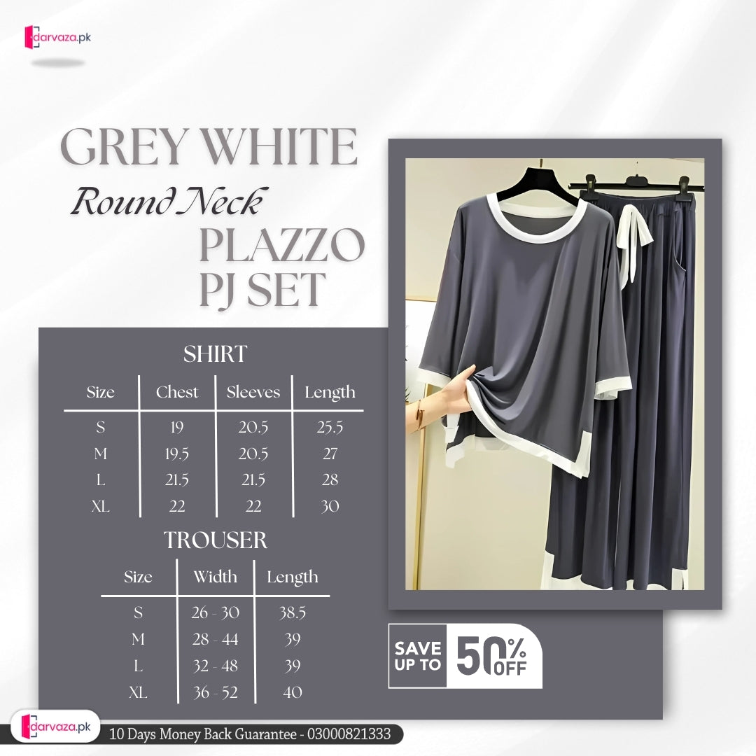Grey White Round Neck Plazzo PJ Set