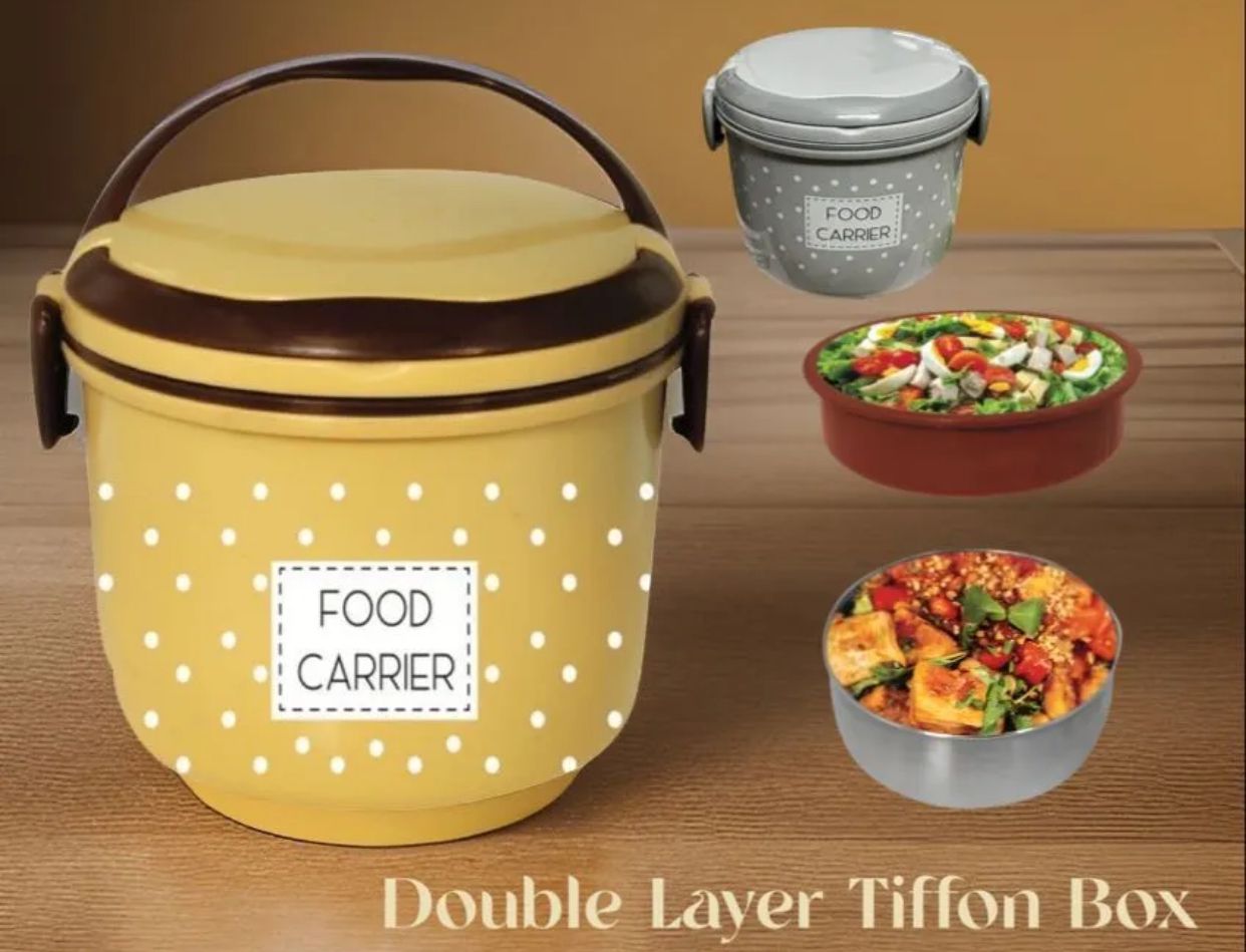 Plastic Food Career Double Layer Tiffin Lunch Box With Under Mini Steel Box for Food Storage