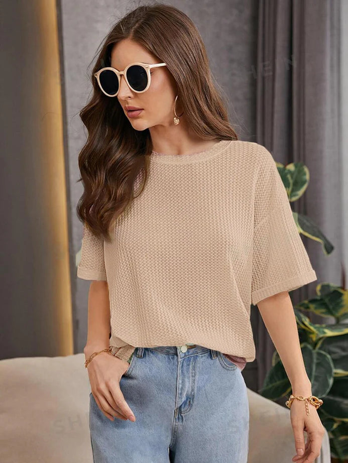 Premium Oversized Waffle Knitted Tee – Beige
