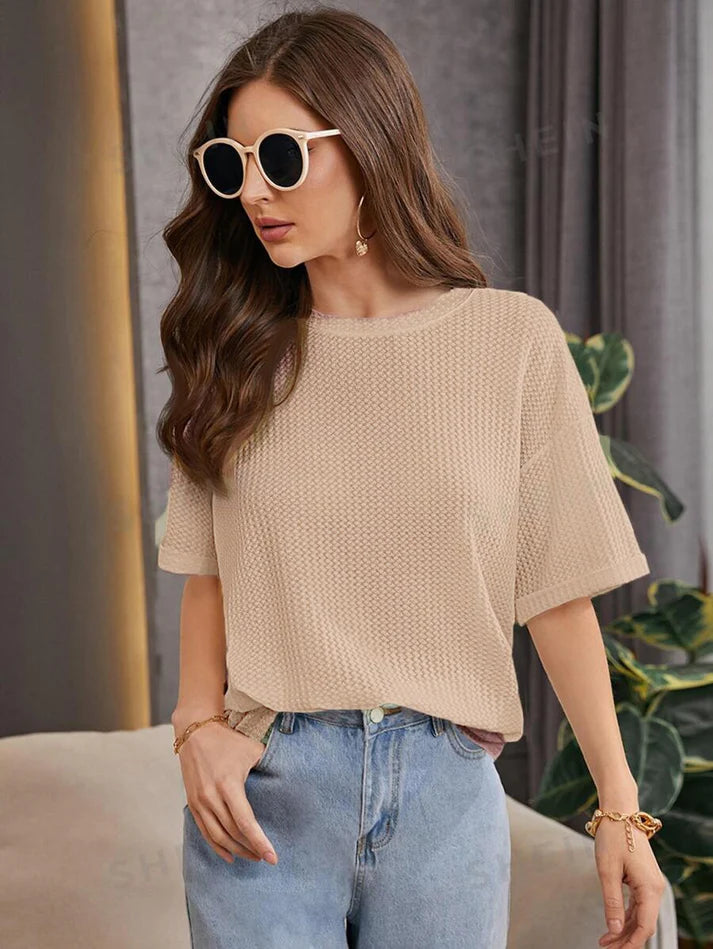Premium Oversized Waffle Knitted Tee – Beige