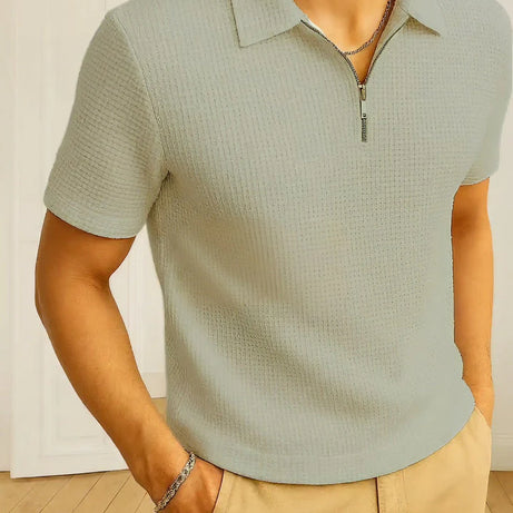Waffle Knitted Zipper Polo – GREY