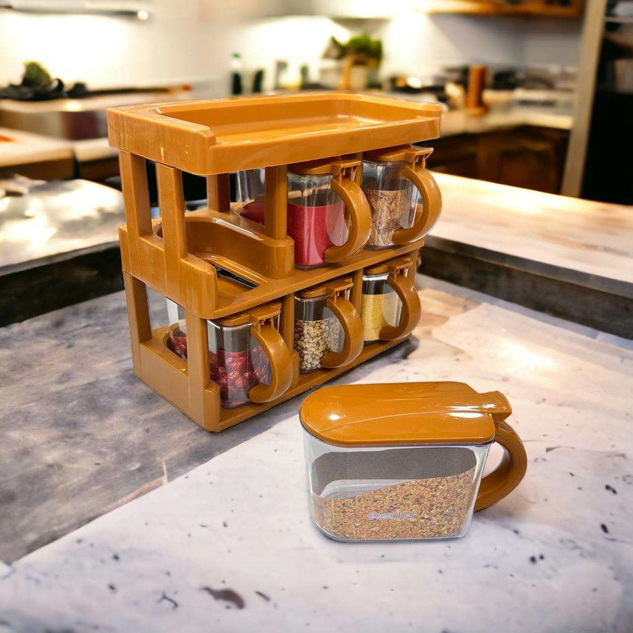 Master Chef 2 Tier Spice Organizer Rack with 6 Jars Set For Kitchen and Outdoor Use
